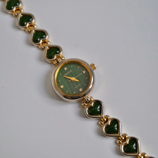 Gold Green Heart & Diamond Watch